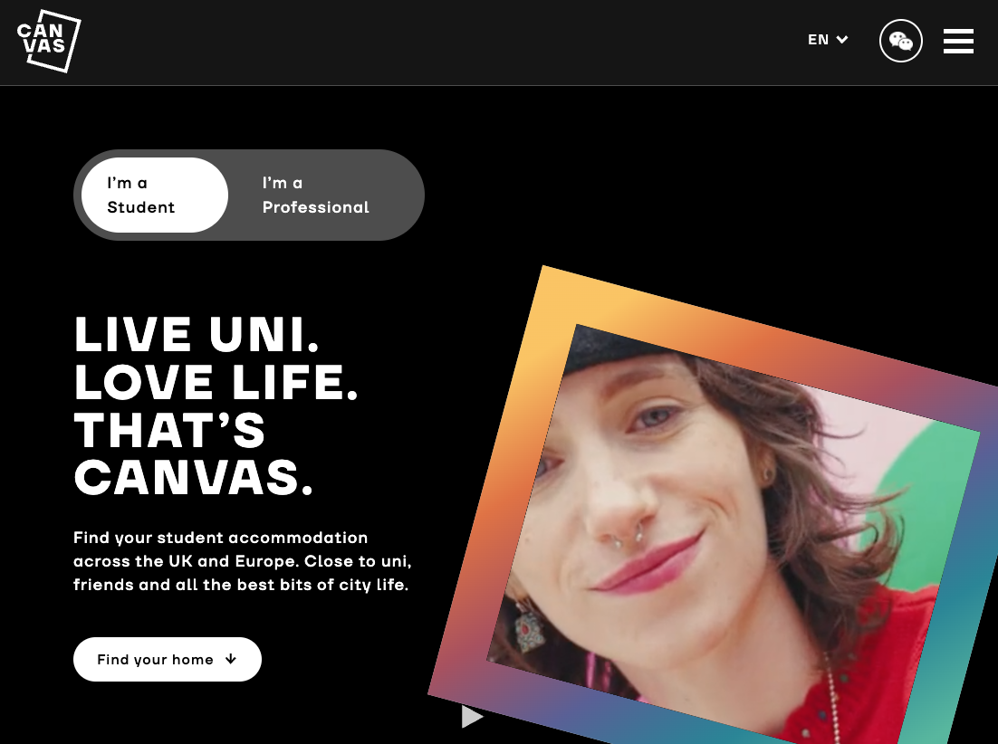 Canvas Student homepage showing Live uni. Love life. That's Canvas copy