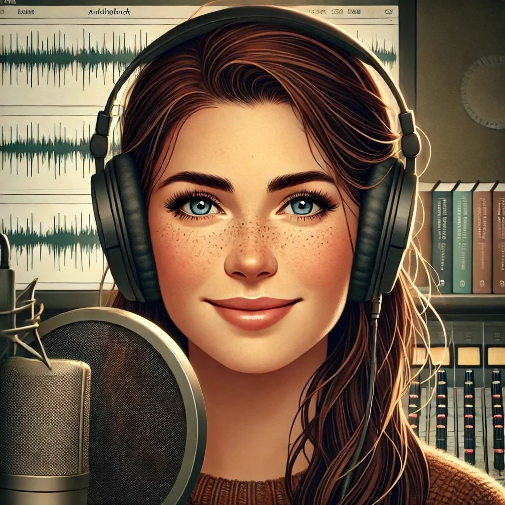 DALL·E 2024-08-16 15.12.16 - A focused image of Megan Wicks as an audiobook narrator, featuring a portrait of her with a fuller, rounder face, dark brown hair with subtle highligh.jpg
