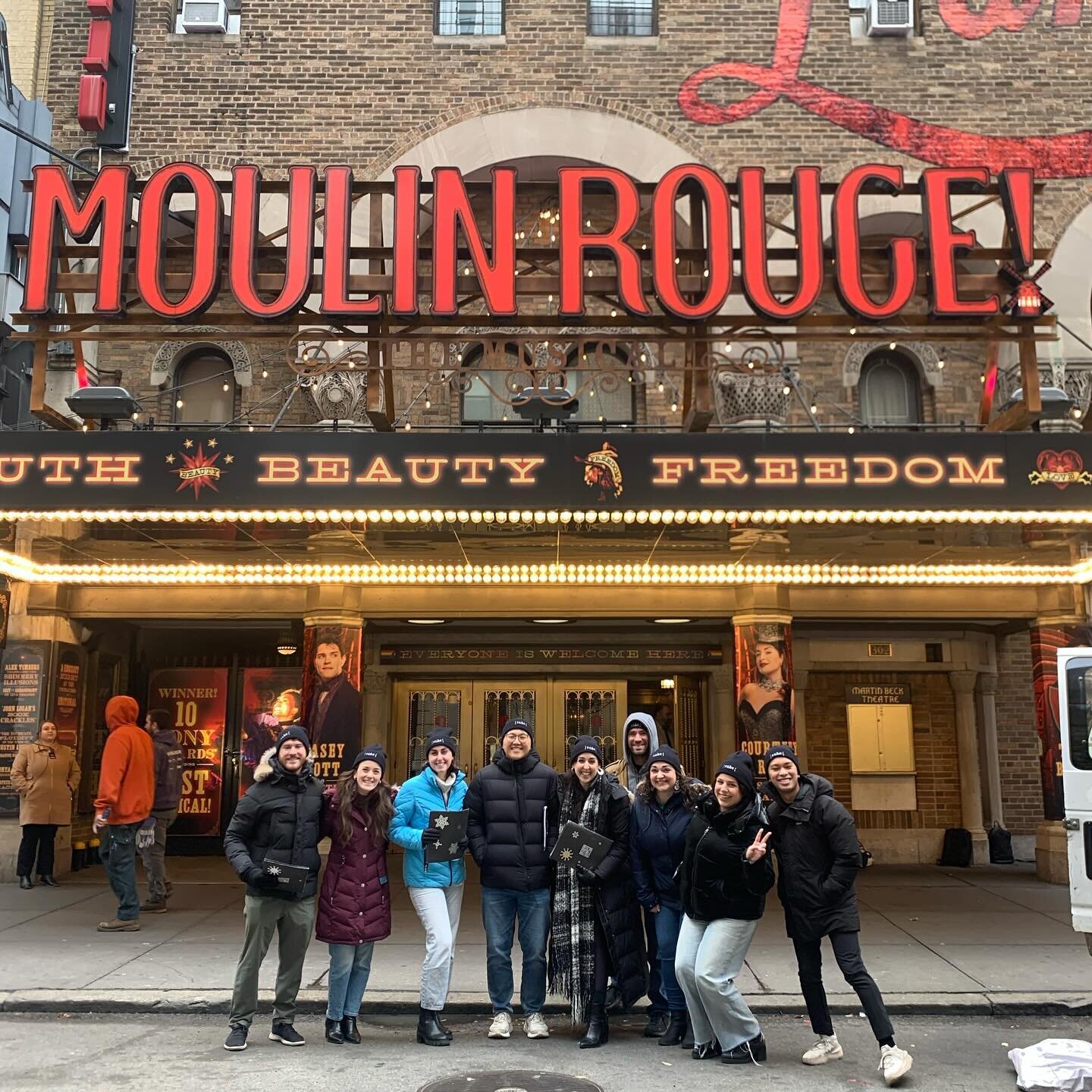 Echo had the most magical moment caroling in the snow at @moulinrougebway! Wishing all our friends and family happy holidays 🎄🕎🪔