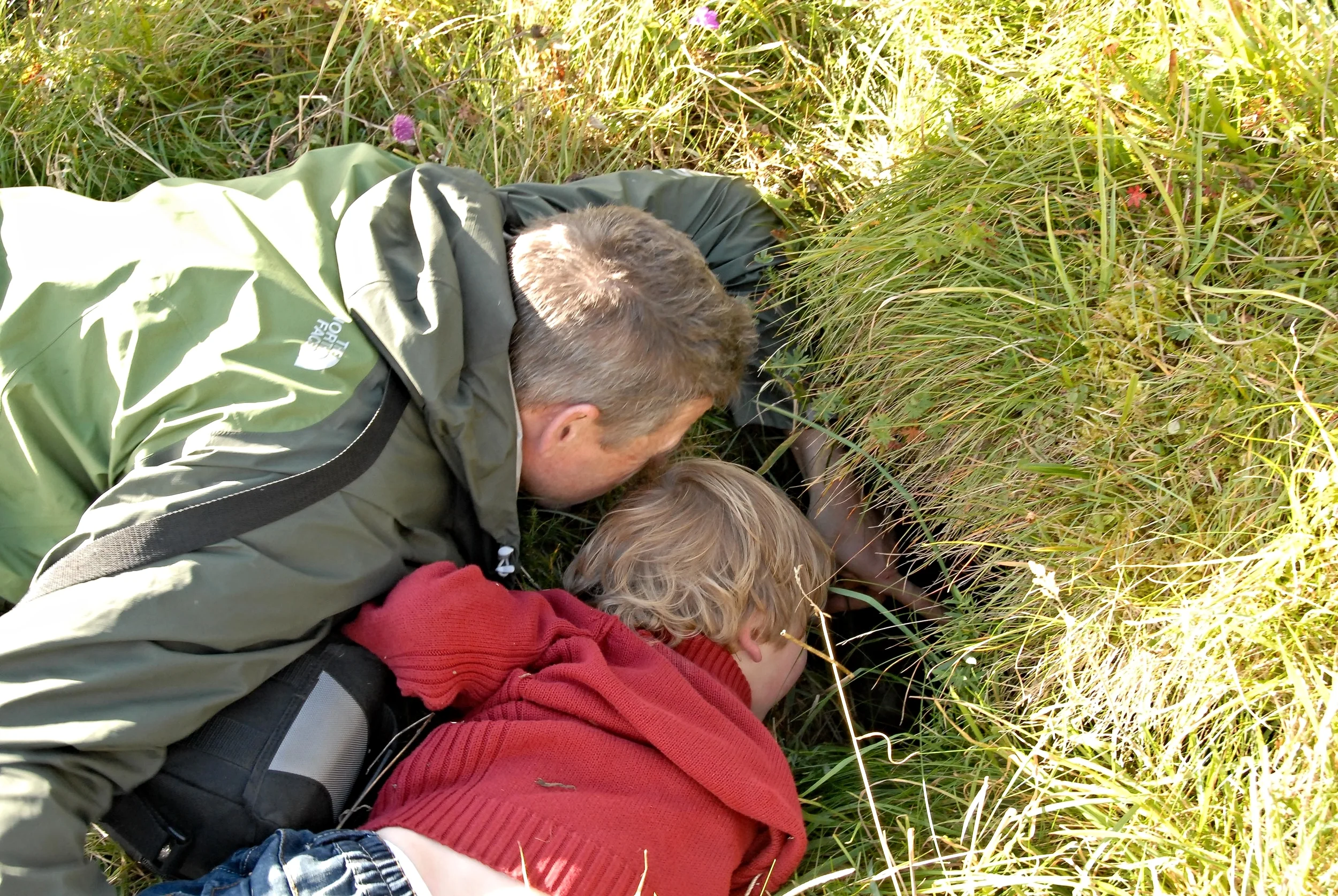 Dad and son peer into a souterrain, a tunnel built thousands of years ago to hide people, and food.