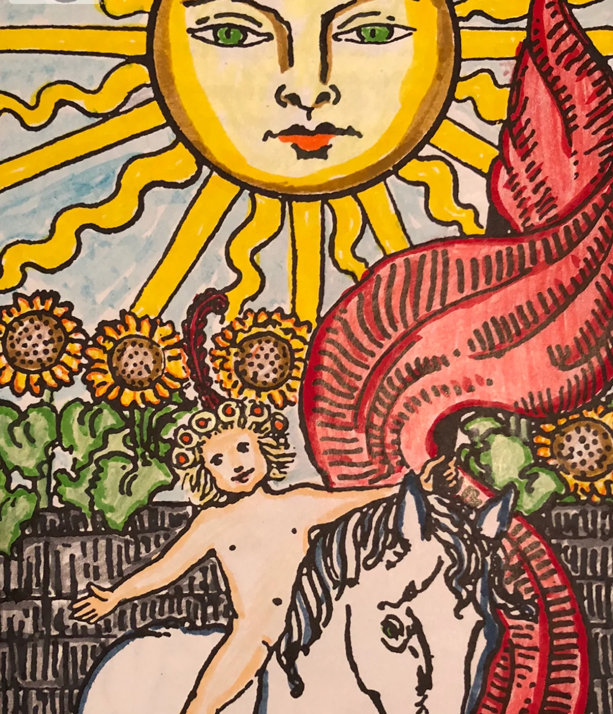 The Sun, one of the most auspicious cards in the Tarot deck signifying abundance and prosperity.