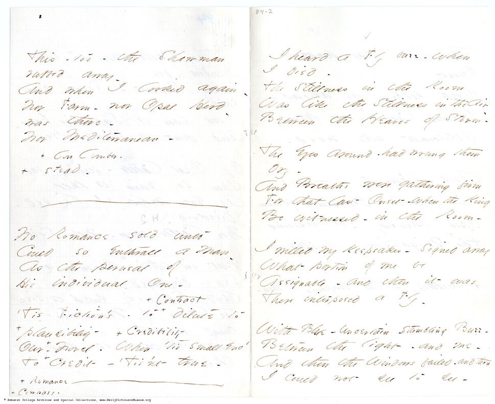 IMAGE: Original manuscript of Poem 465, ‘I heard a Fly buzz – when I died’. Amherst College Archives and Special Collections. https://www.emilydickinsonmuseum.org/emily_manuscripts
