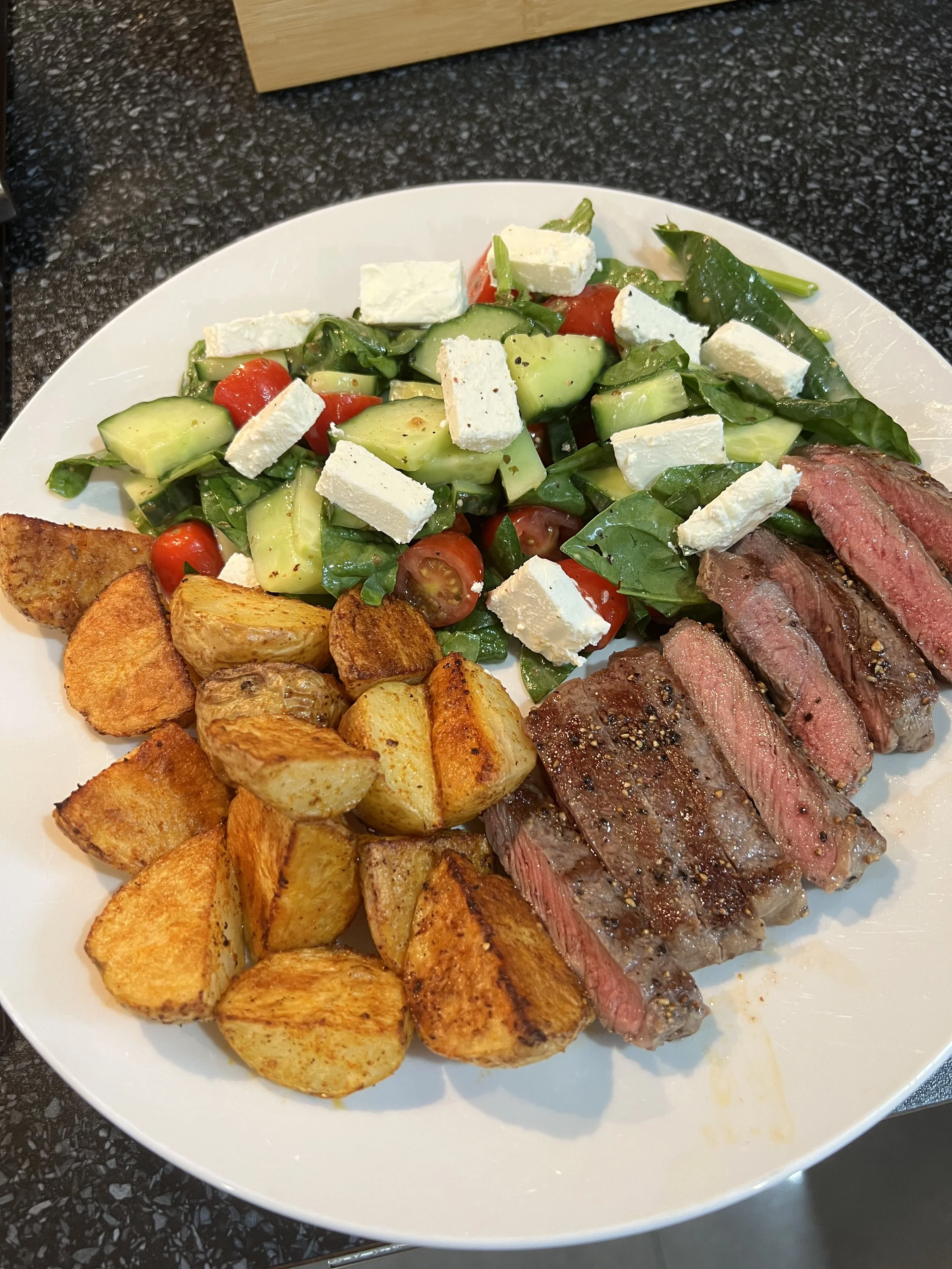 STEAK, ROASTIES AND GREEK SALAD