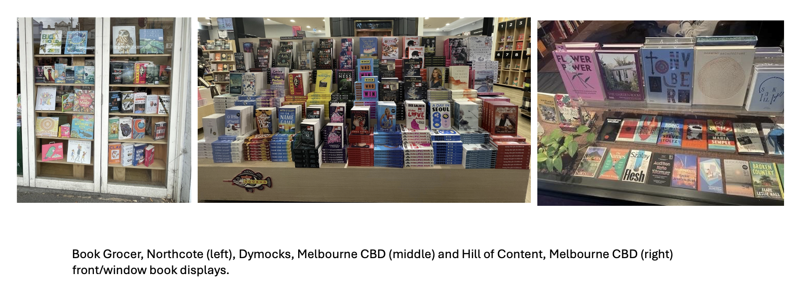 Images of the Book Grocer, Northcote, Dymocks, Melbourne CBD and Hill of Content, Melbourne CBD