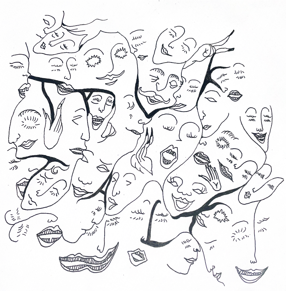 A collective of illustrated faces surrounding the words 'Talk Talk'