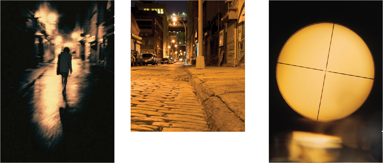 On the left is a person walking down a street. Middle shows a street at night. Right shows a sniper scope