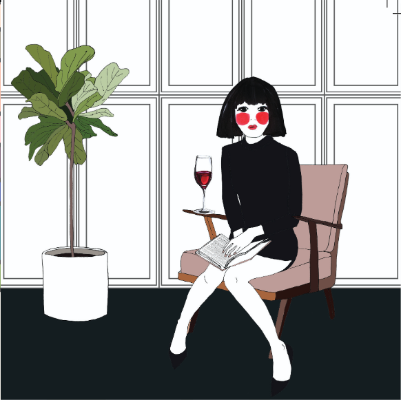 Illustration of a woman sitting on a chair with wine and a book