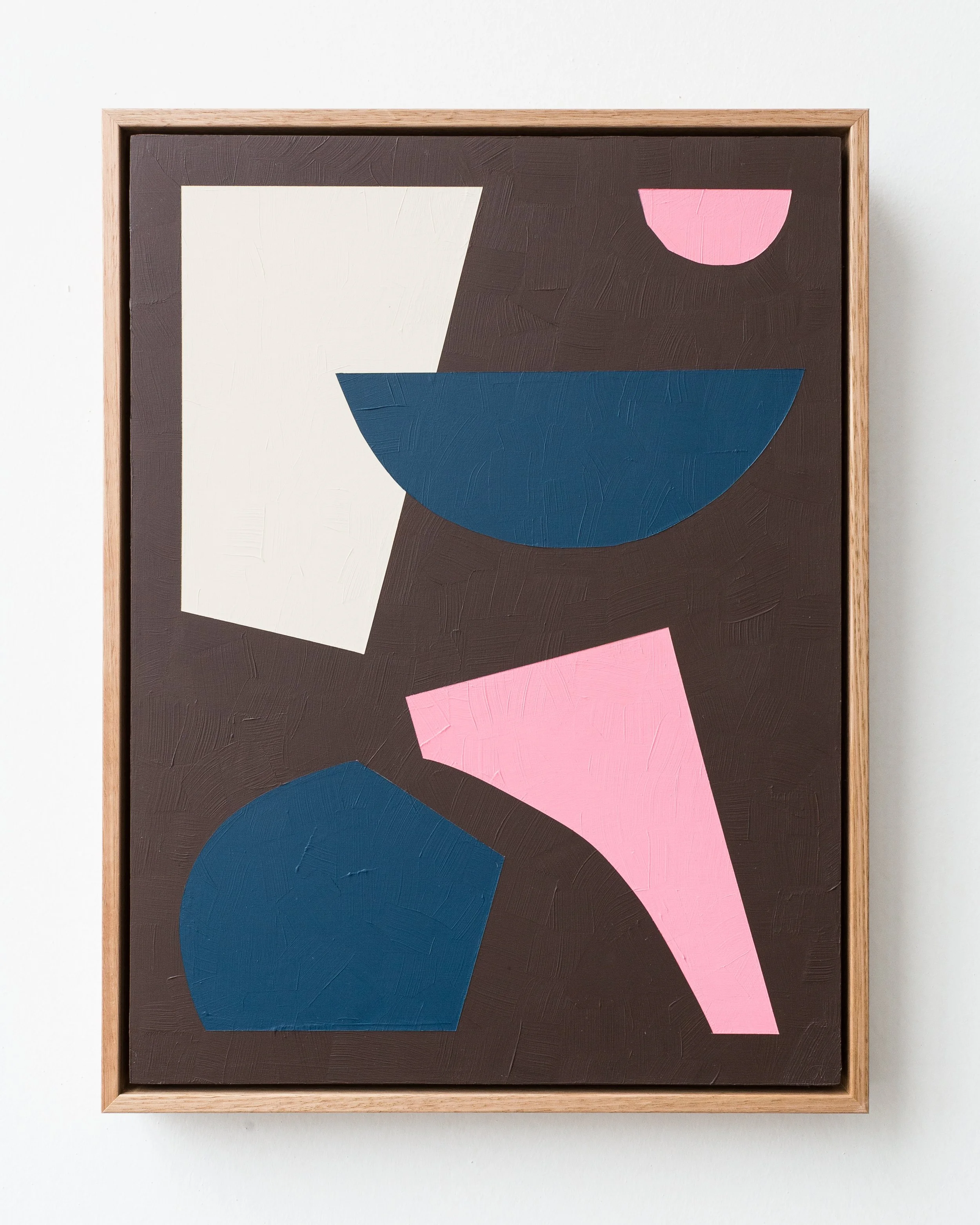 Canvas of geometric shapes in the colours brown, white, blue and pink