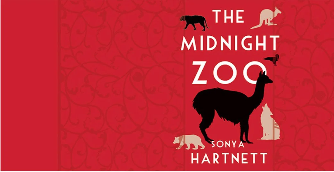 Red cover with animals like kangaroos, llamas, wolves and bears. White text at top says 'THE MIDNIGHT ZOO', and text at the bottom 'SONYA HARTNETT'.