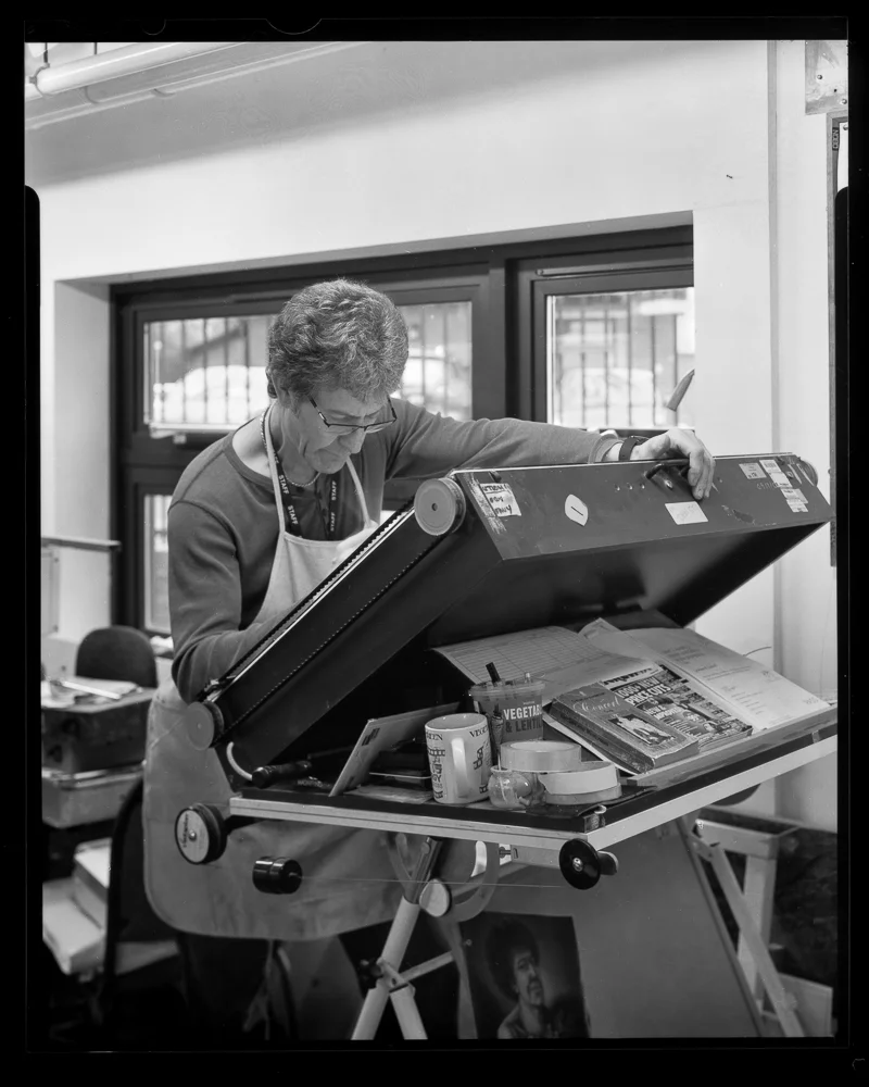 An environmental portrait of my colleague David (thank you to another generous sitter). Scan of a contact print, this time Ilford HP5+ film.