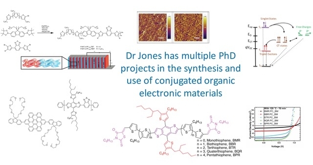   Dr Jones has PhD projects in organic synthesis of conjugated molecules/polymers, and &nbsp;aligned active layers in organic electronic devices  