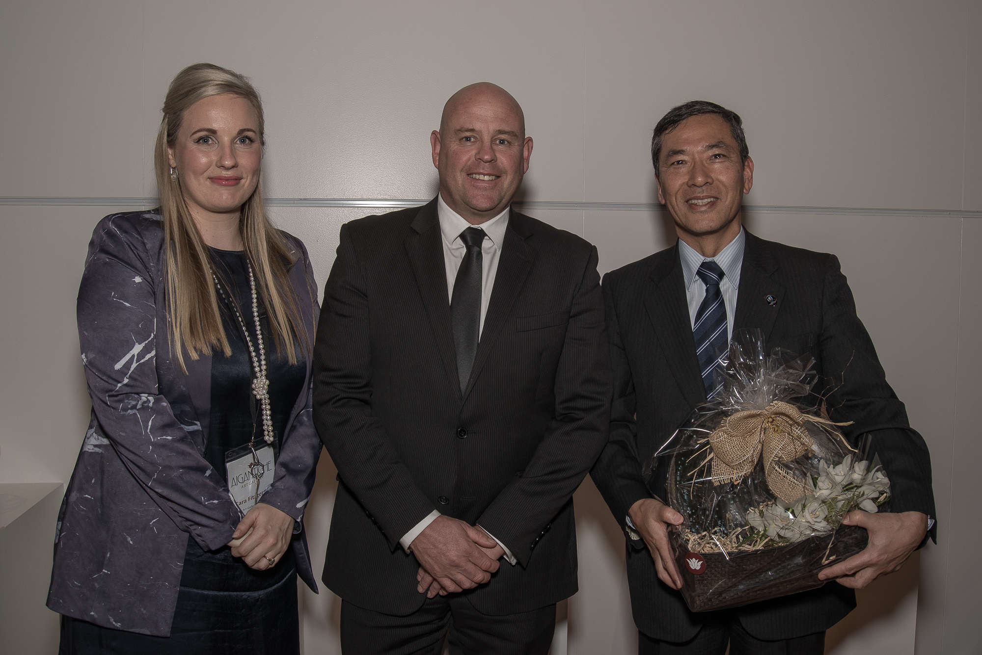  Art Gallery Manager Cara Fitzgerald, Mayor of Timaru Damon Odey, the Ambassador of Japan His Excellency Toshihisa Takata at the opening of Japanese Pottery: The Rising Generation from Traditional Japanese Kilns exhibition at the Aigantighe Art Gallery Timaru onJuly 1, 2016. All pictures are courtesy Ron Lindsay and Aigantighe Art Gallery. 