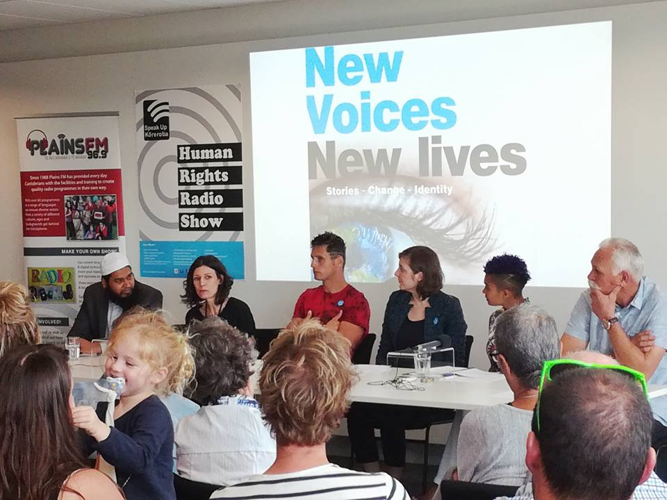New Voices New Lives radio show; on stage Leen Braam (Netherlands –Ashburton Council newly elected Councillor), Sophie-Claire, Cornelius Grobler (South Africa- professional boxer and youth leader), Tanya Robinson (Hawkes Bay Museum Director) Mubashir Muhktar (Pakistan, Satistician Ashburton District Council)