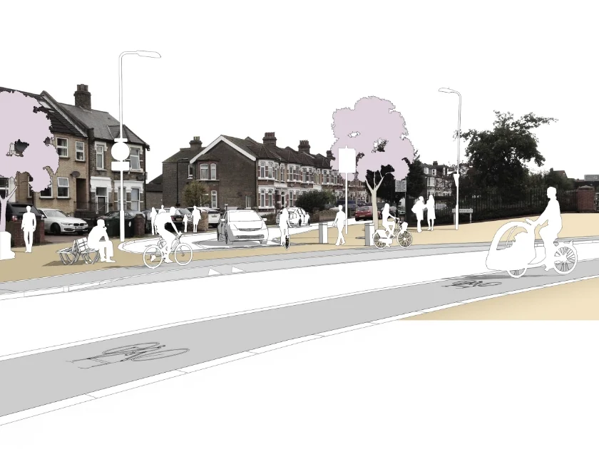 Concept illustration - cycle lanes and a 'Copenhagen' style blended crossing