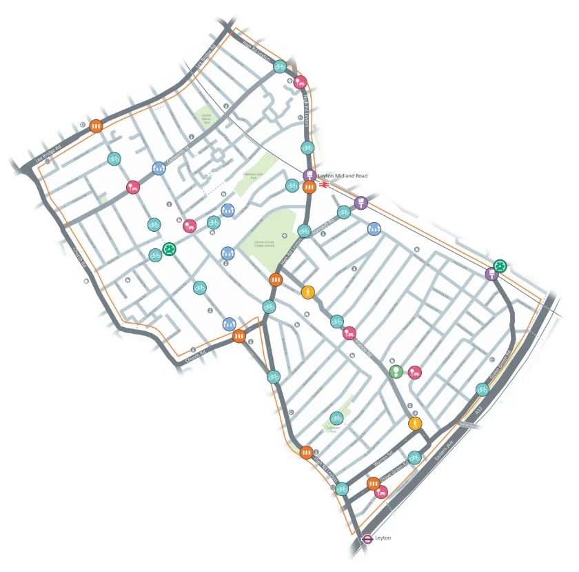 Schematic plan showing proposed interventions across Leyton