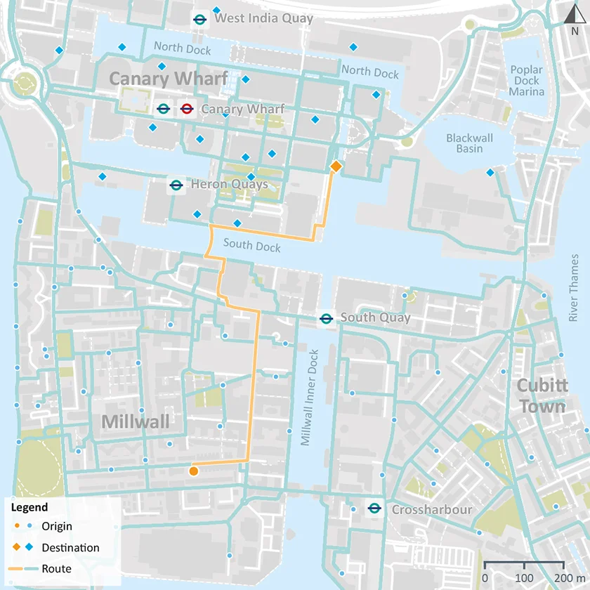 Origin to destination walking routes via South Dock