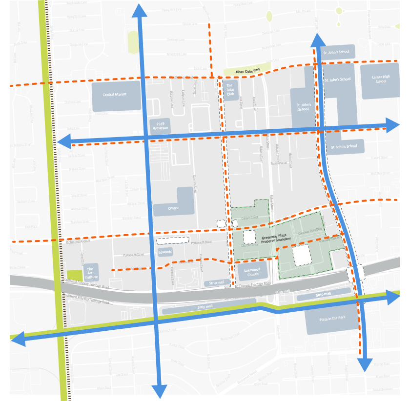 Plan showing movement and destinations in Greenway Plaza