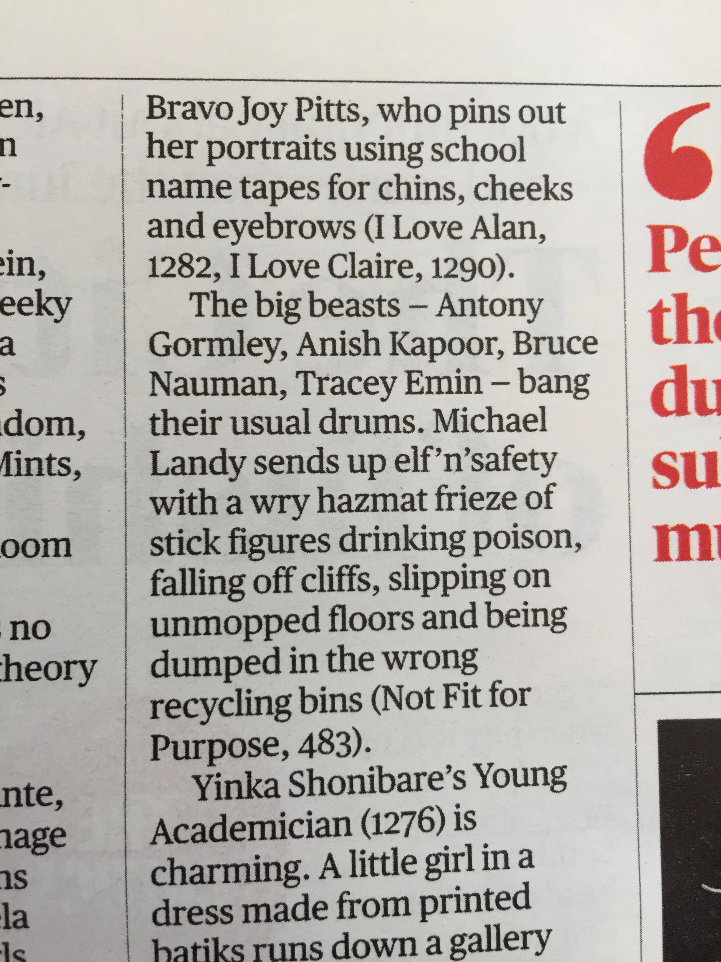 This was a review in The Times Culture magazine about The Royal Academy Summer Exhibition, page 11 on 10th June 2018 written by Laura Freeman. 