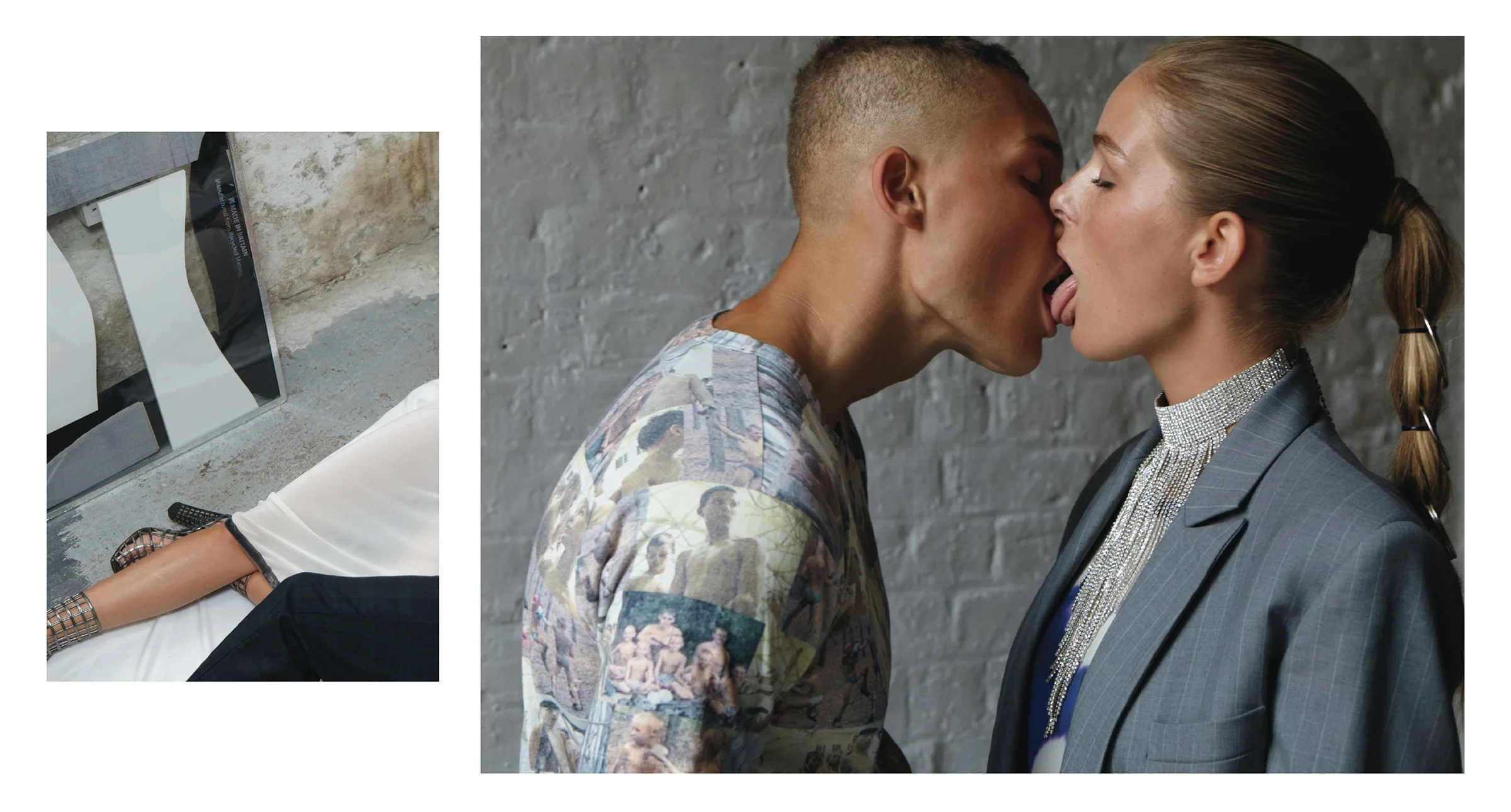 LEFT Lelu is wearing trousers and top by Vanessa Schindler. shoes by Raf Simons DioR Koen is wearing blazer and trouser by Martine Rose. Harness by Fleet Iyla RIGHT Lelu is wearing dress, earrings and gloves by Vanessa Schindler Koen is wearing latex top by Honour