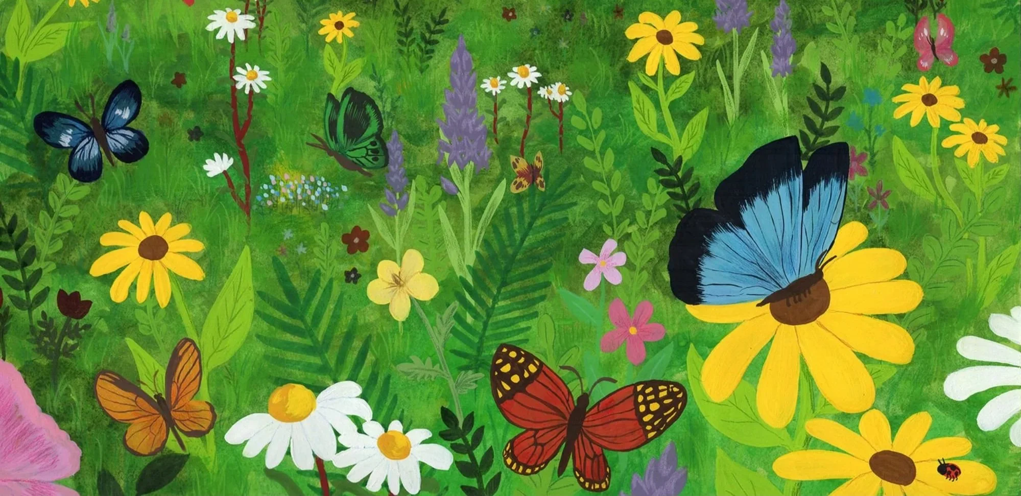 Colorful illustration of a lush green garden with various flowers, including daisies, coneflowers, and lavender, and several butterflies and a ladybug.