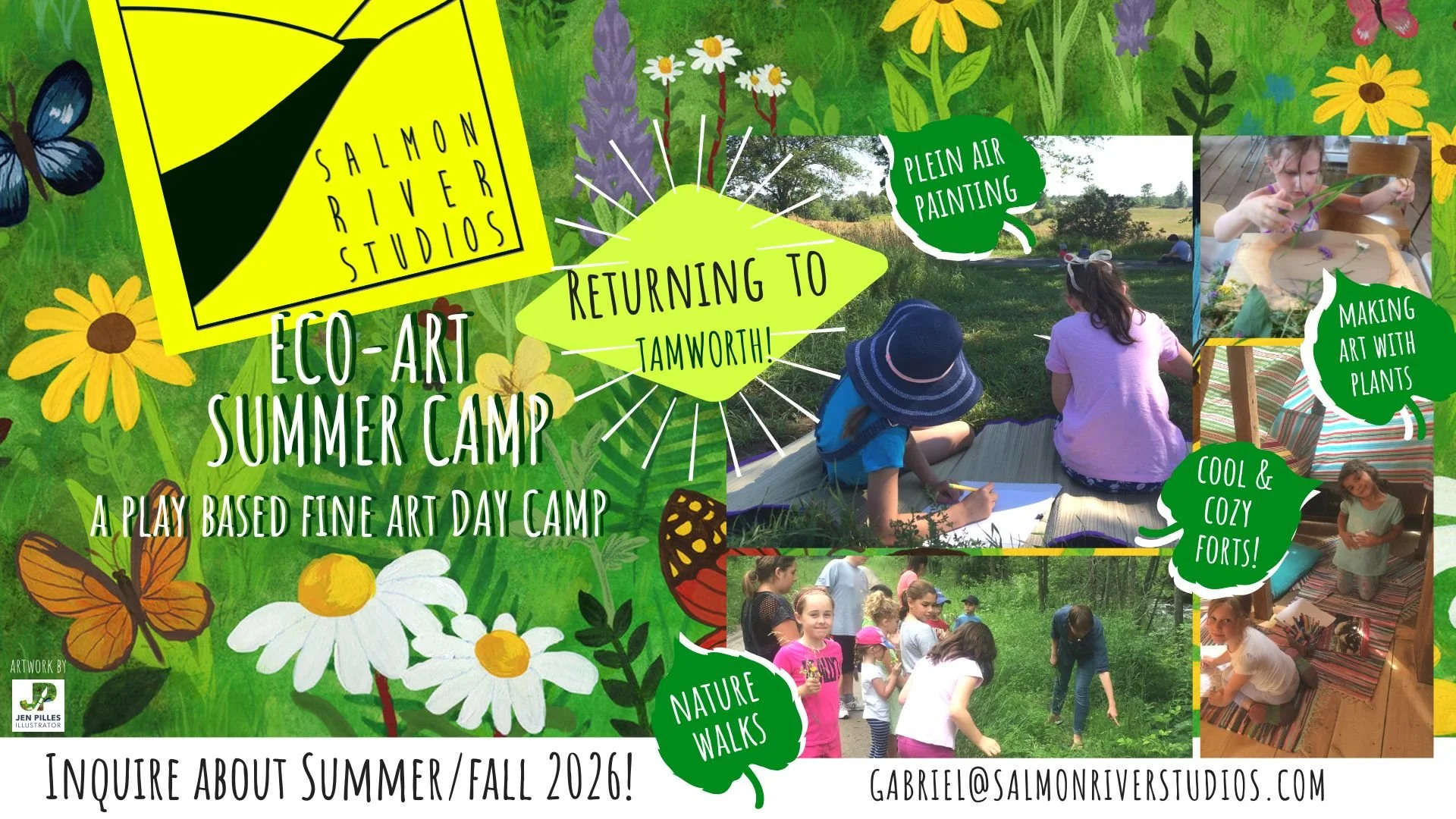 Flyer for Eco-Art Summer Camp at Salmon River Studios featuring children participating in outdoor nature walks, painting, plant craft activities, and relaxing in cozy forts, with colorful flowers, butterflies, and a bright yellow logo.