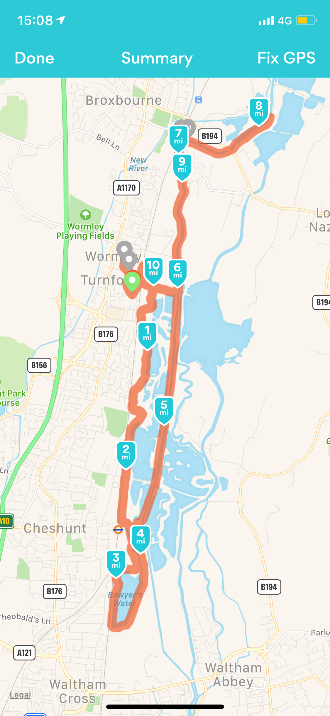 Map of Walk in Broxbourne - 10.8 miles