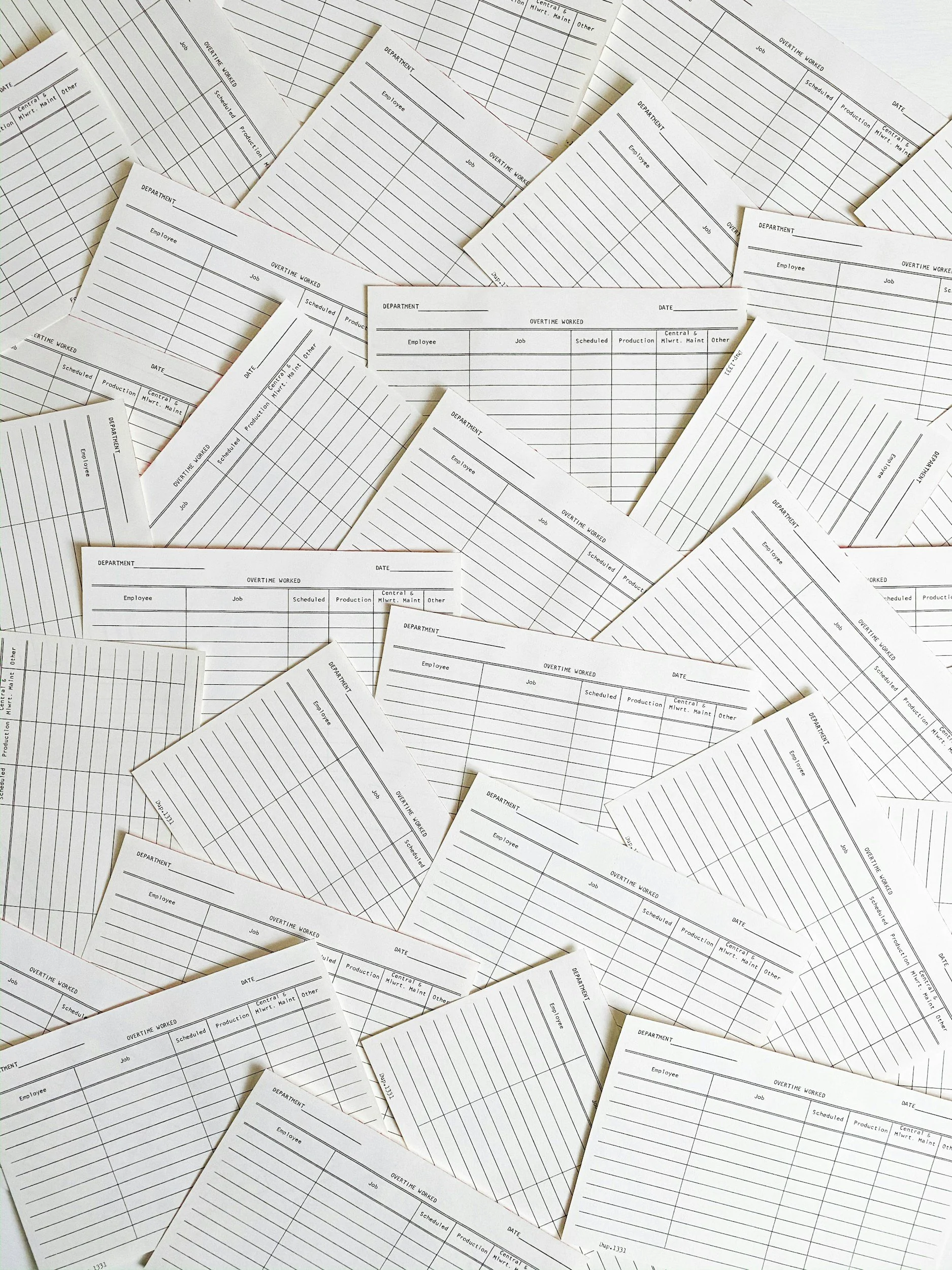 overlapping invoices, certificates, spreadsheets