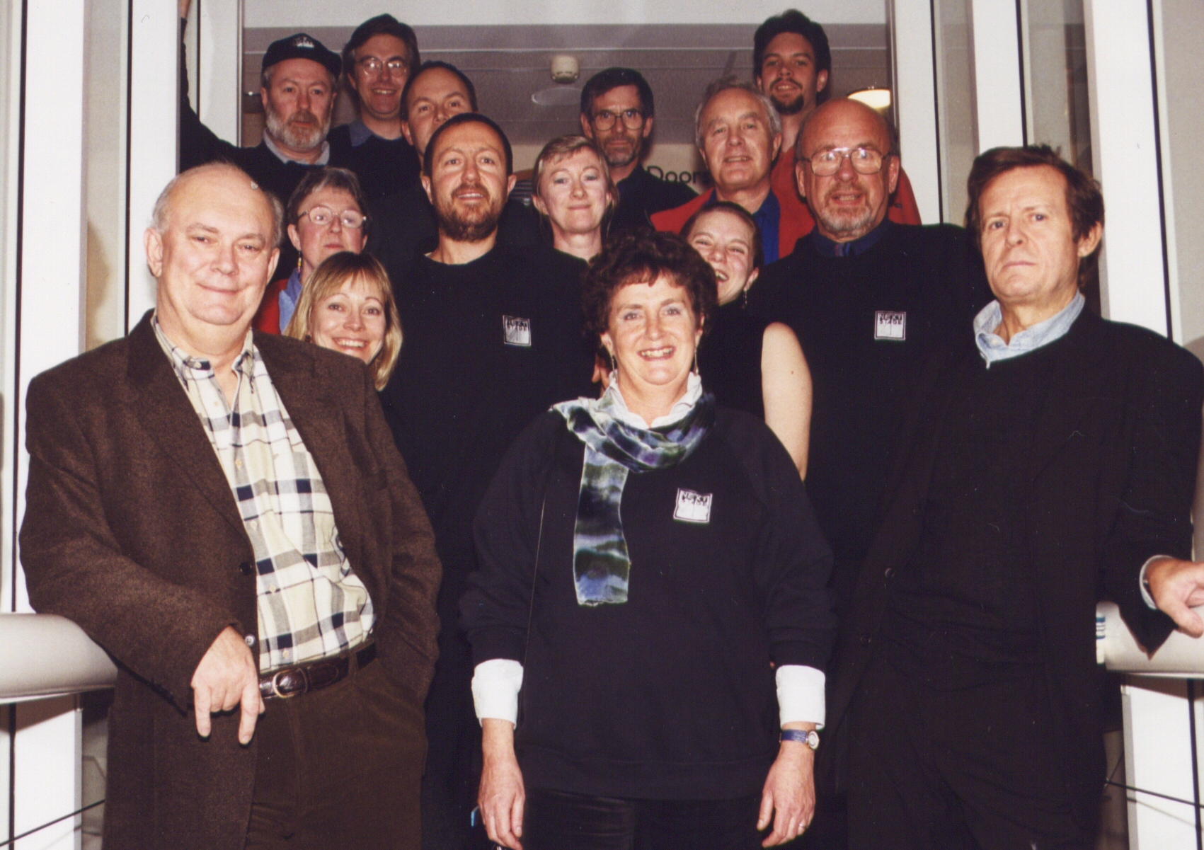 Sir David Hare and Sir Alan Ayckbourn with the cast and crew of Blue Remembered Hills, performed at the Stephen Joseph Theatre, 1998