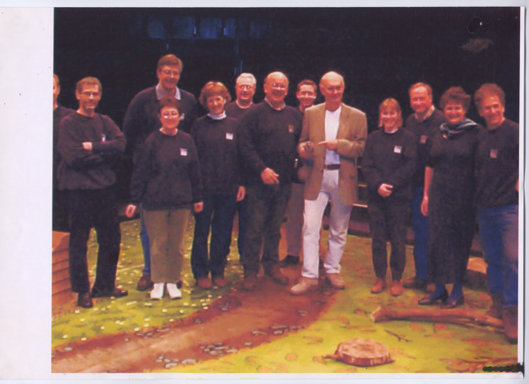 The cast and crew of Blue Remembered Hills (2001) on set with Sir Alan Ayckbourn