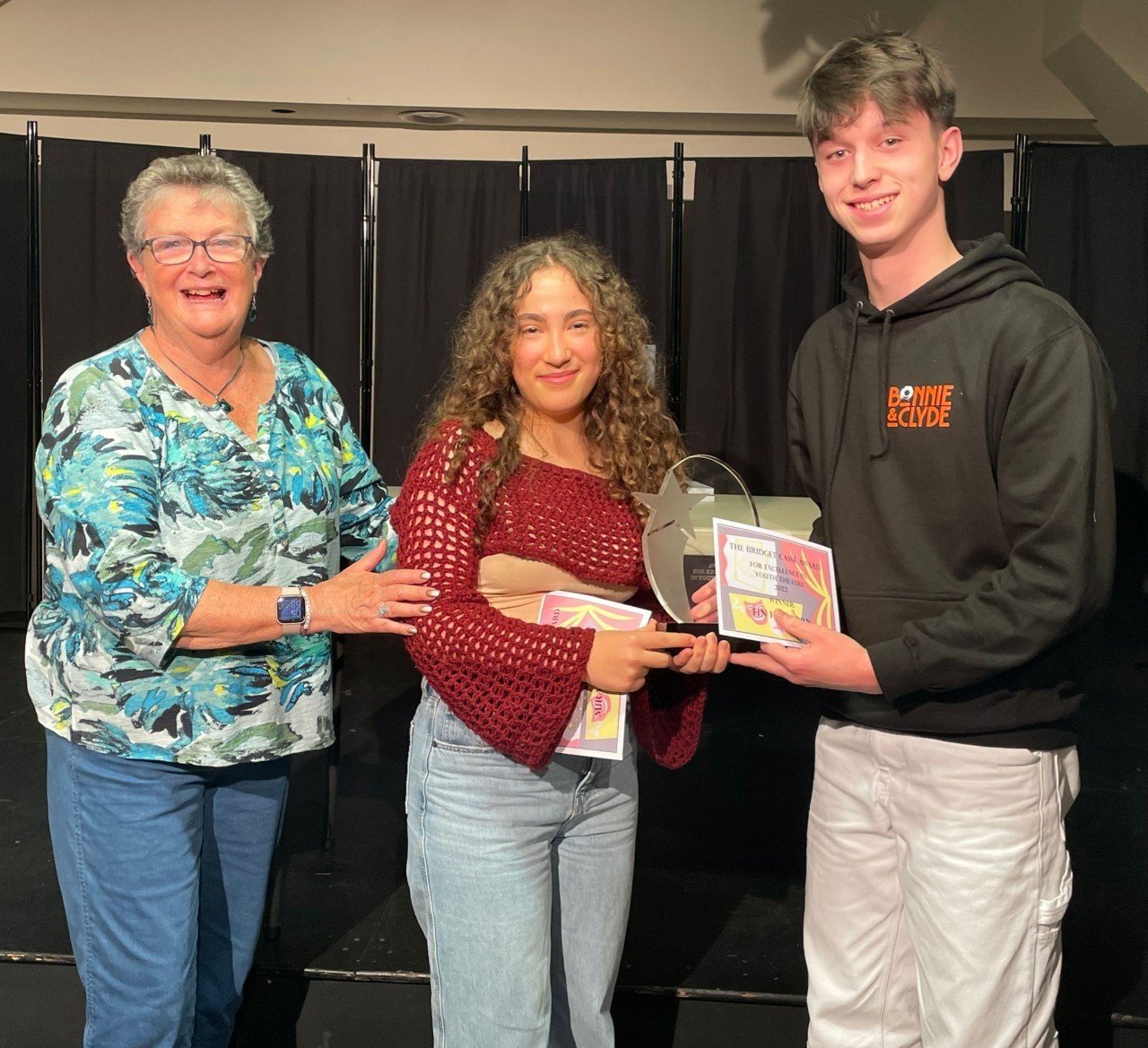 2022 winners Miranda Webb and Fin Hancorn with Artistic Director Ann Ellison BEM