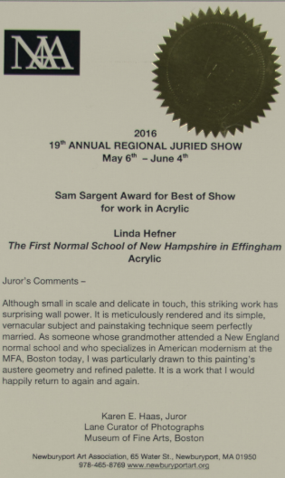 Received 'Best in Show' for The Regional Juried Show 2016 at the Newburyport Art Association.