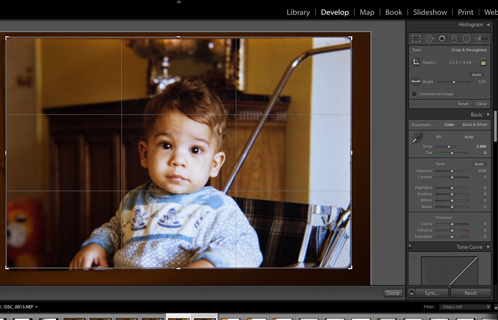 Cropping and making adjustments in Adobe Lightroom. The original slide is over 40 years old and gets a new life as a digital image.