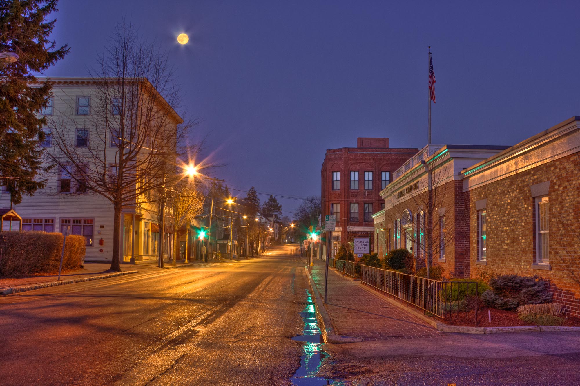 A rare, car-free look up Pleasant Street during full moon