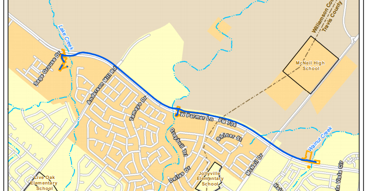 A map of the Parmer Lane Interceptor project in Austin, TX
