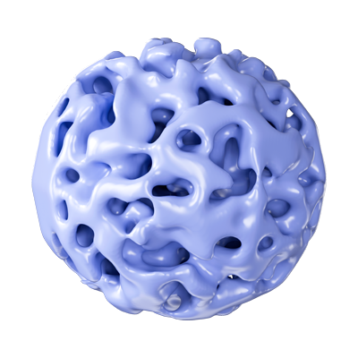 A 3D digital rendering of a blue porous, spherical object with irregular holes and a textured surface.