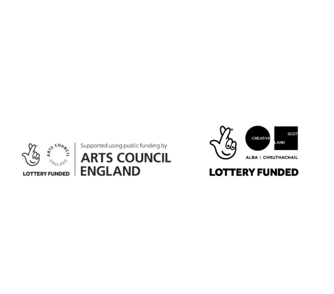 Black and white logo with two hand-drawn smiling faces making a peace sign, the words "Lottery Funded" and "Supported using public funding by Arts Council England".