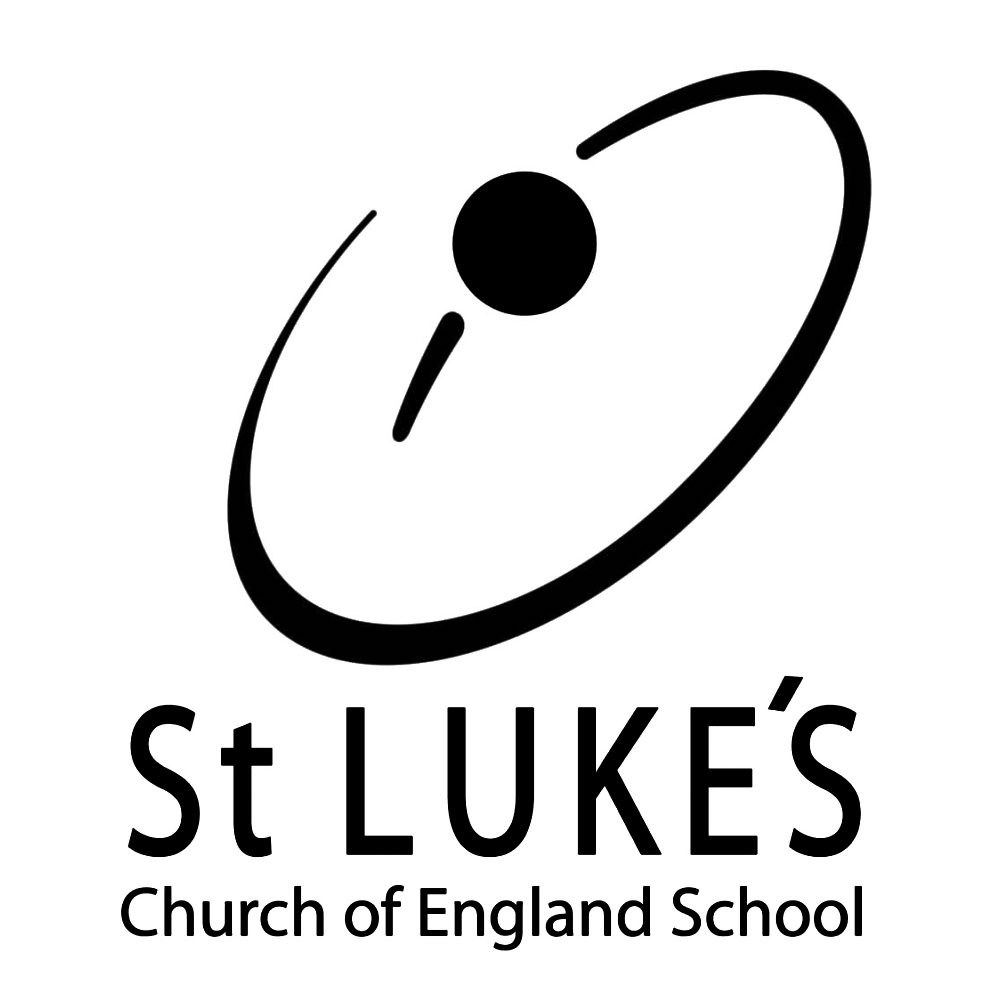 Logo of St. Luke’s Church of England School featuring a stylized representation of an atom with a black circle orbiting around a central nucleus, and the text "St LUKE'S Church of England School."