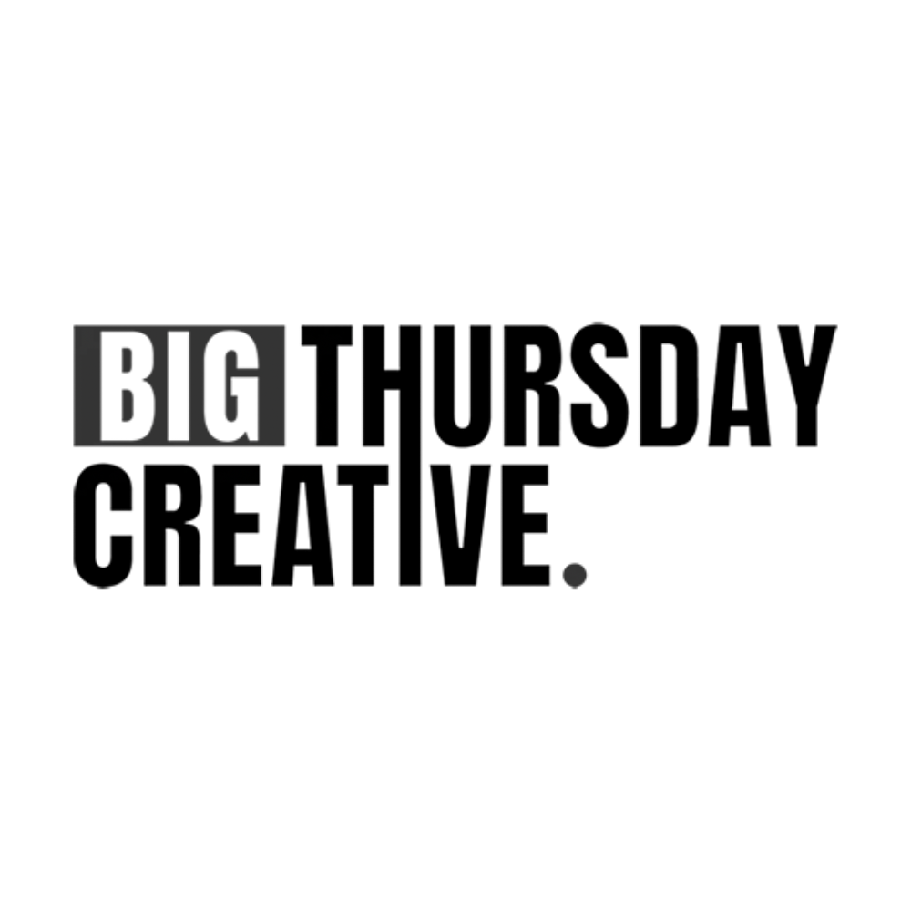 Graphic with bold text reading 'Big Thursday Creative' in black, white, and purple colors.