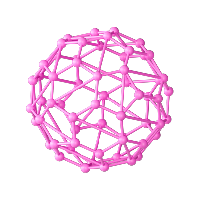 Pink molecular structure with interconnected nodes and bonds, resembling a geometric spherical model.
