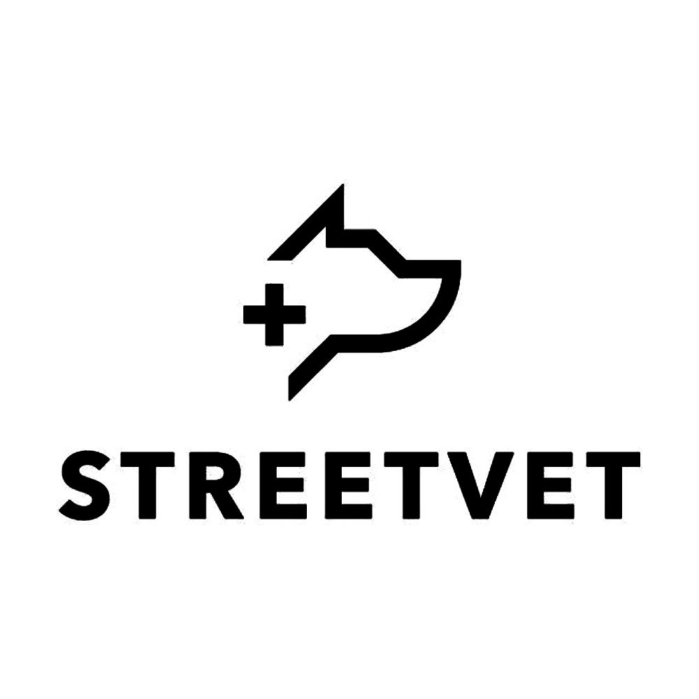 A black and white logo featuring a stylized dog's head with a plus symbol and a house shape. The text 'STREETVET' appears below the graphic.
