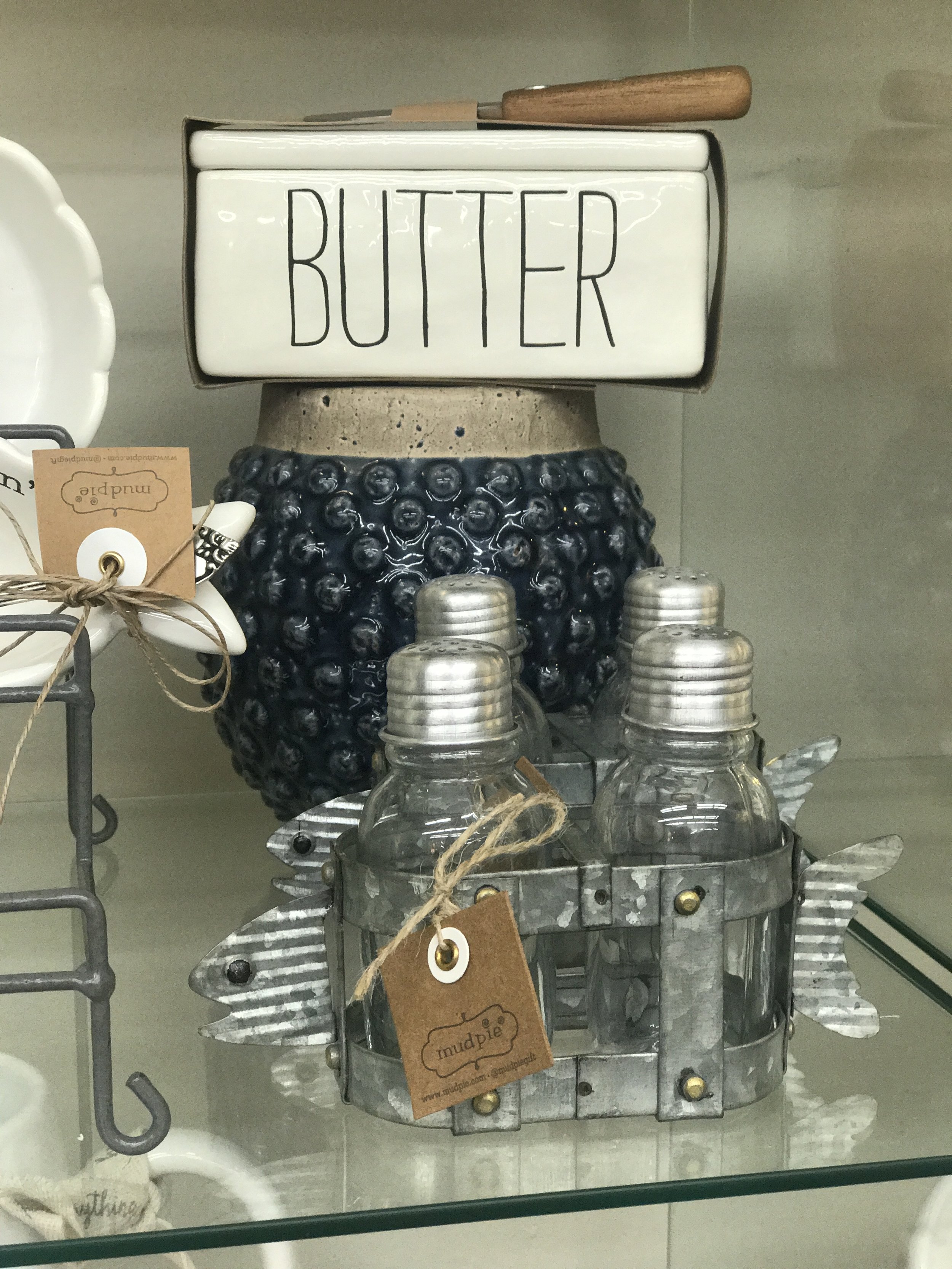 Mudpie Butter Dish, Salt and Pepper Shakers and Blue Vase