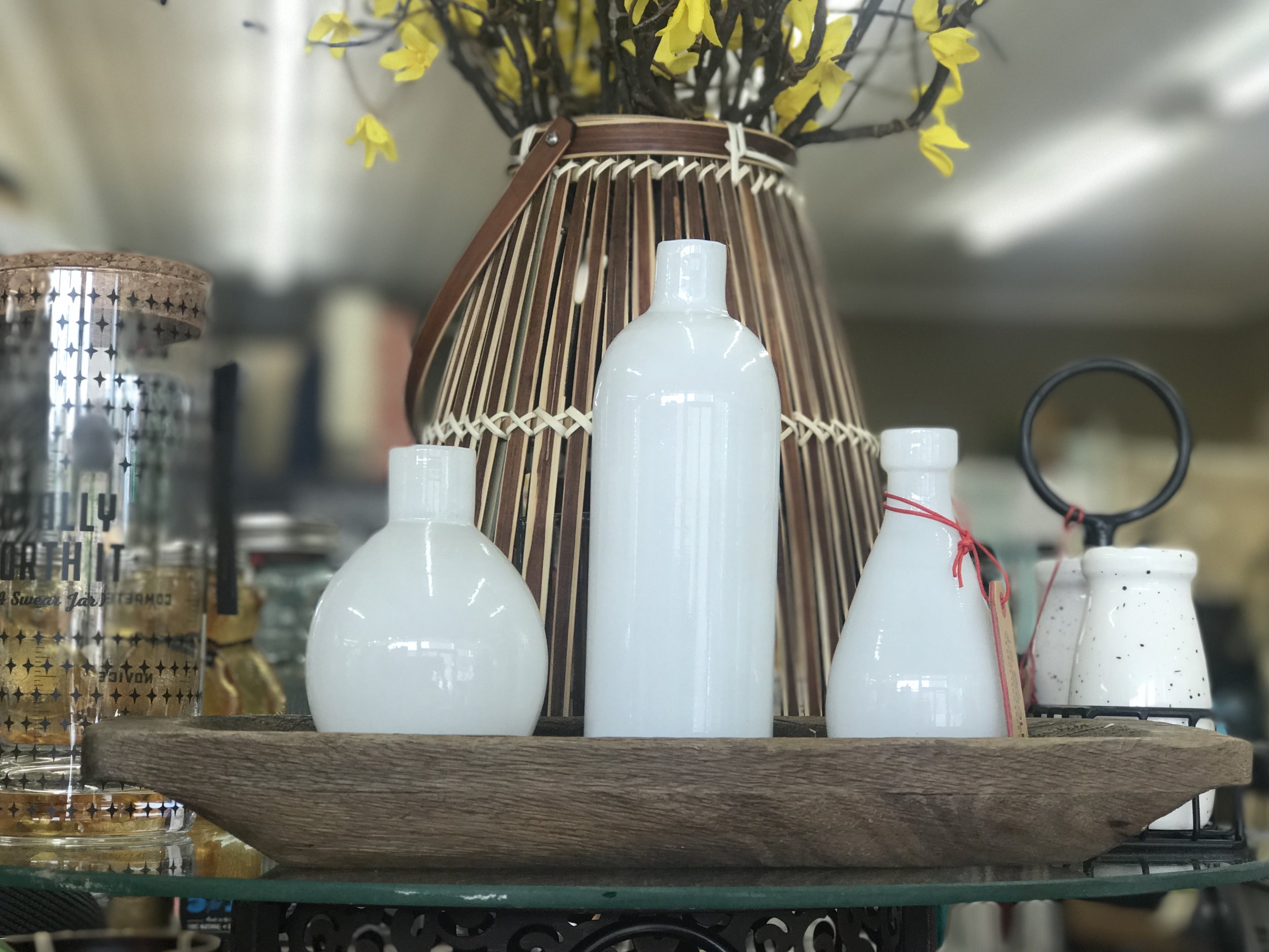 White Vases on Wood Tray