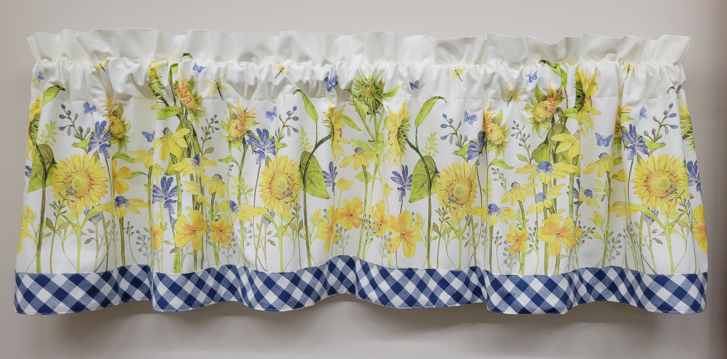 SAVANNAH HOME Window VALANCE Curtain Yellow with Blue Floral and Stripe 60"x 17" 