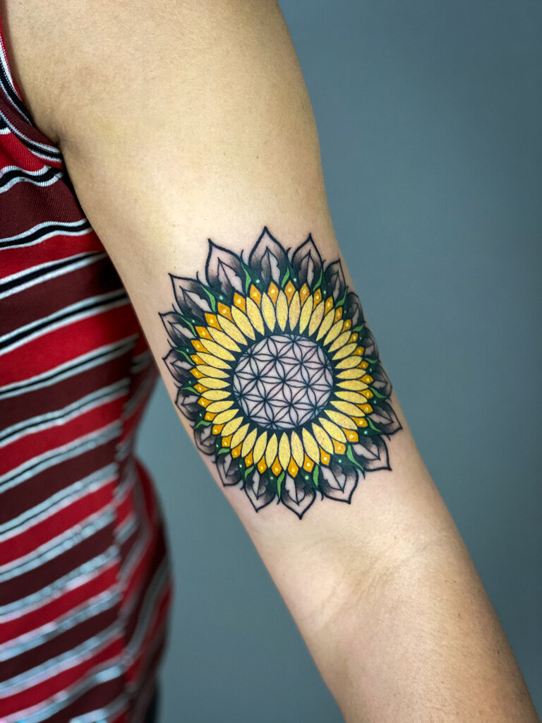 Geometric Sunflower Mandala Tattoo 1