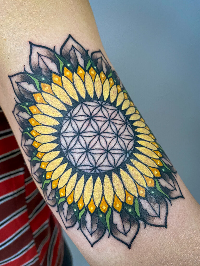 Geometric Sunflower Mandala Tattoo 3