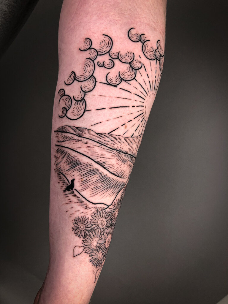 blackwork lineart landscape tattoo 1