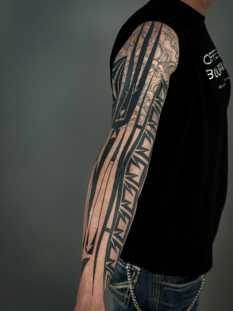 swiftferret948 cyberpunk inspired tattoo full sleeve design bright colors  and bold lines