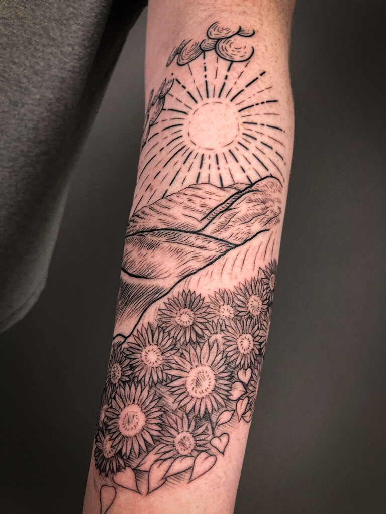 blackwork lineart landscape tattoo 3