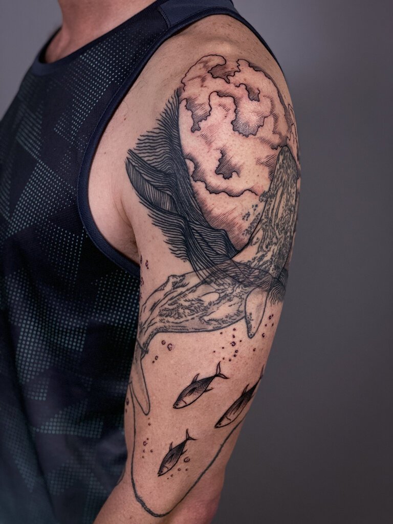 whale ocean lineart tattoo sleeve 1
