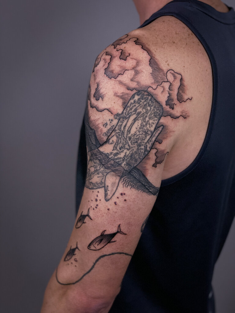 whale ocean lineart tattoo sleeve 2